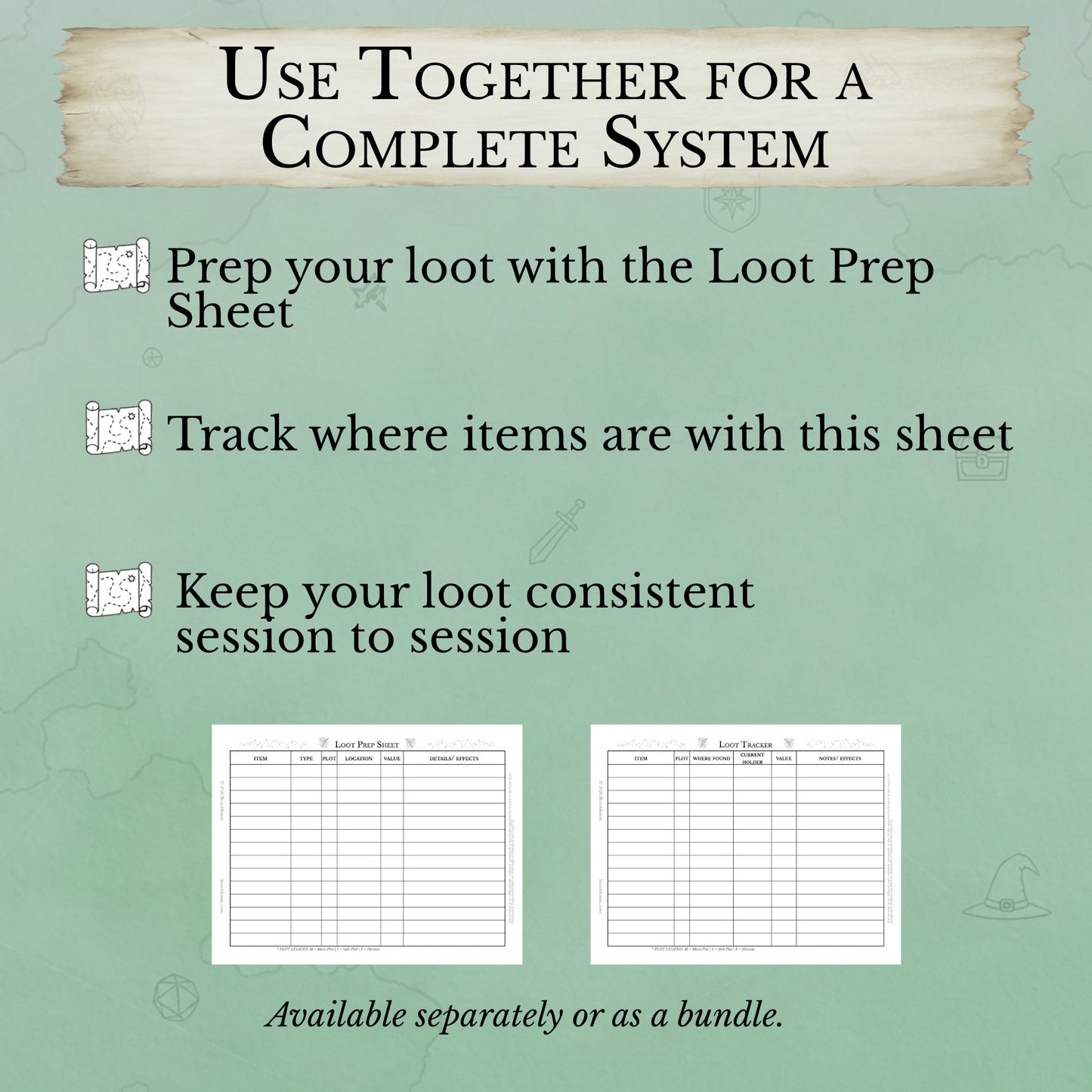D&D treasure system of prep sheer and tracker printable for Dungeon Masters tracking loot and gold
