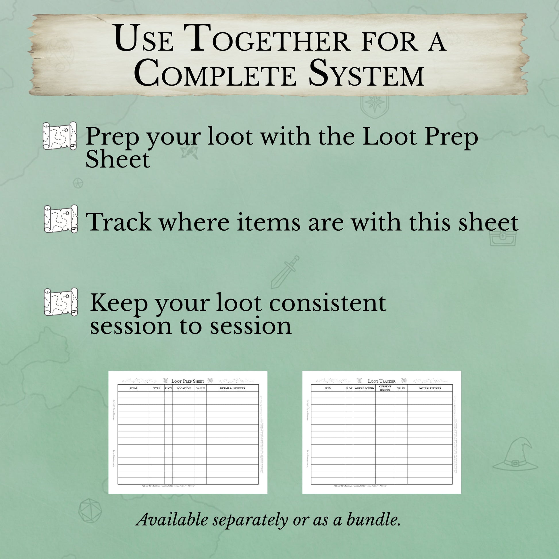 D&D treasure system of prep sheer and tracker printable for Dungeon Masters tracking loot and gold
