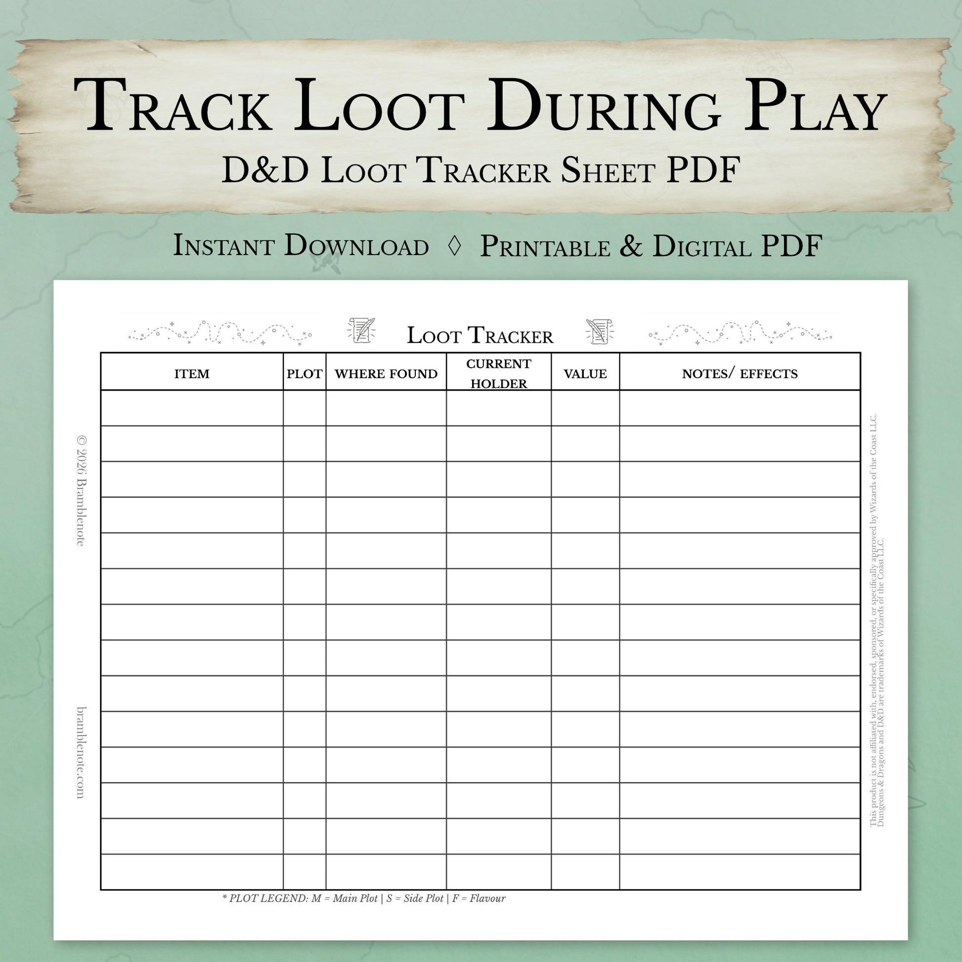 DM loot tracker sheet PDF printable D&D treasure tracking tool