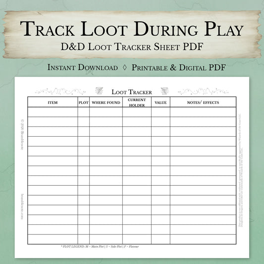 DM loot tracker sheet PDF printable D&D treasure tracking tool