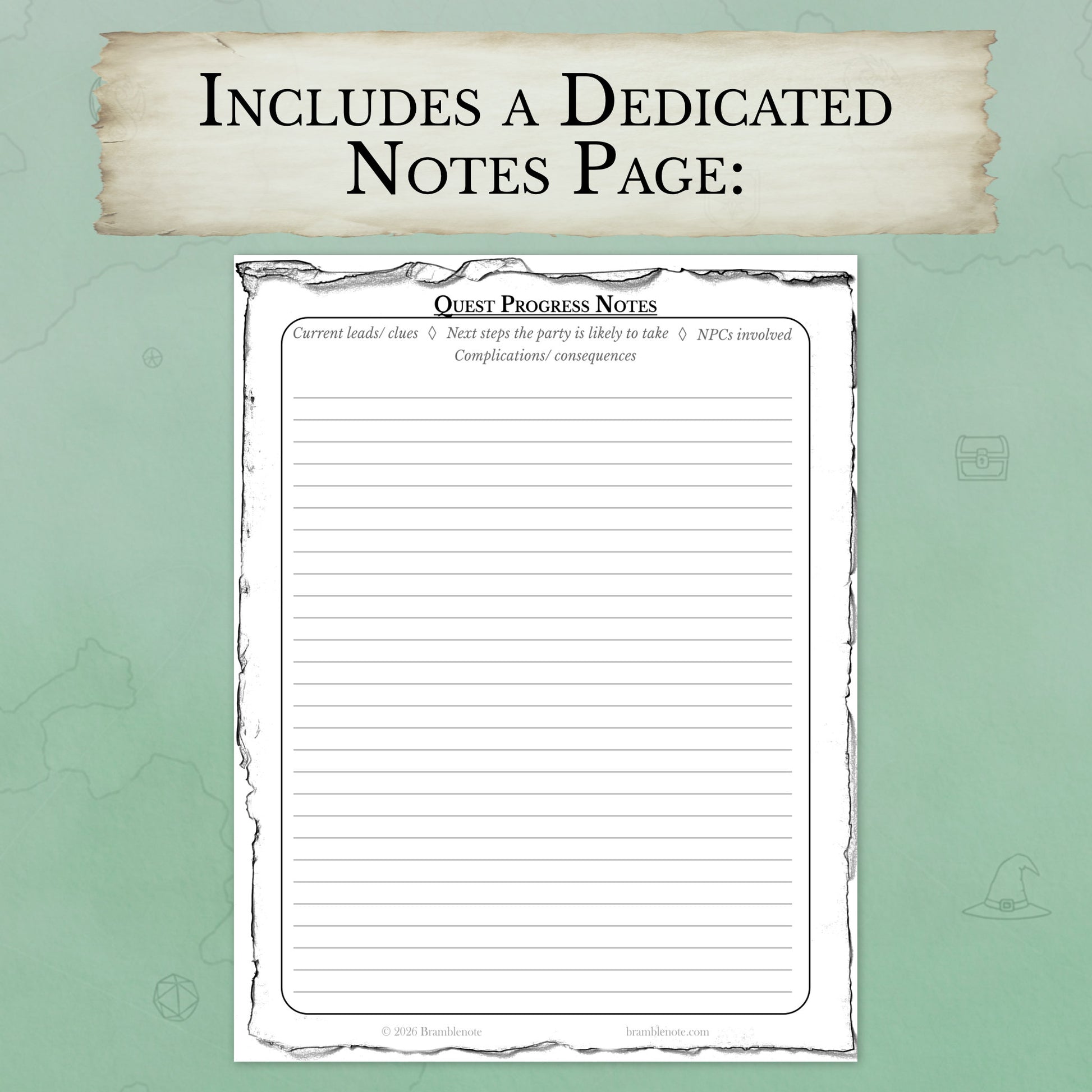 DM quest log printable with notes page for tracking plot threads