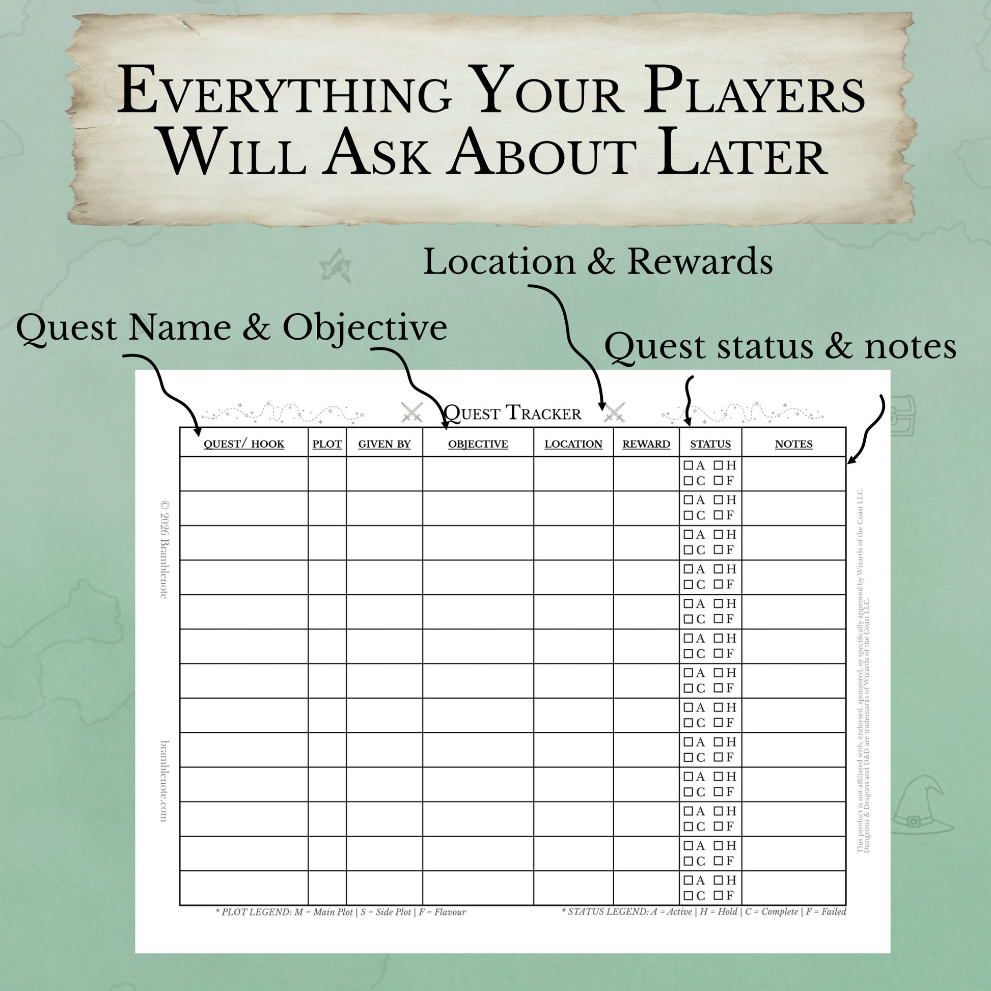 D&D quest log template PDF for overwhelmed dungeon masters