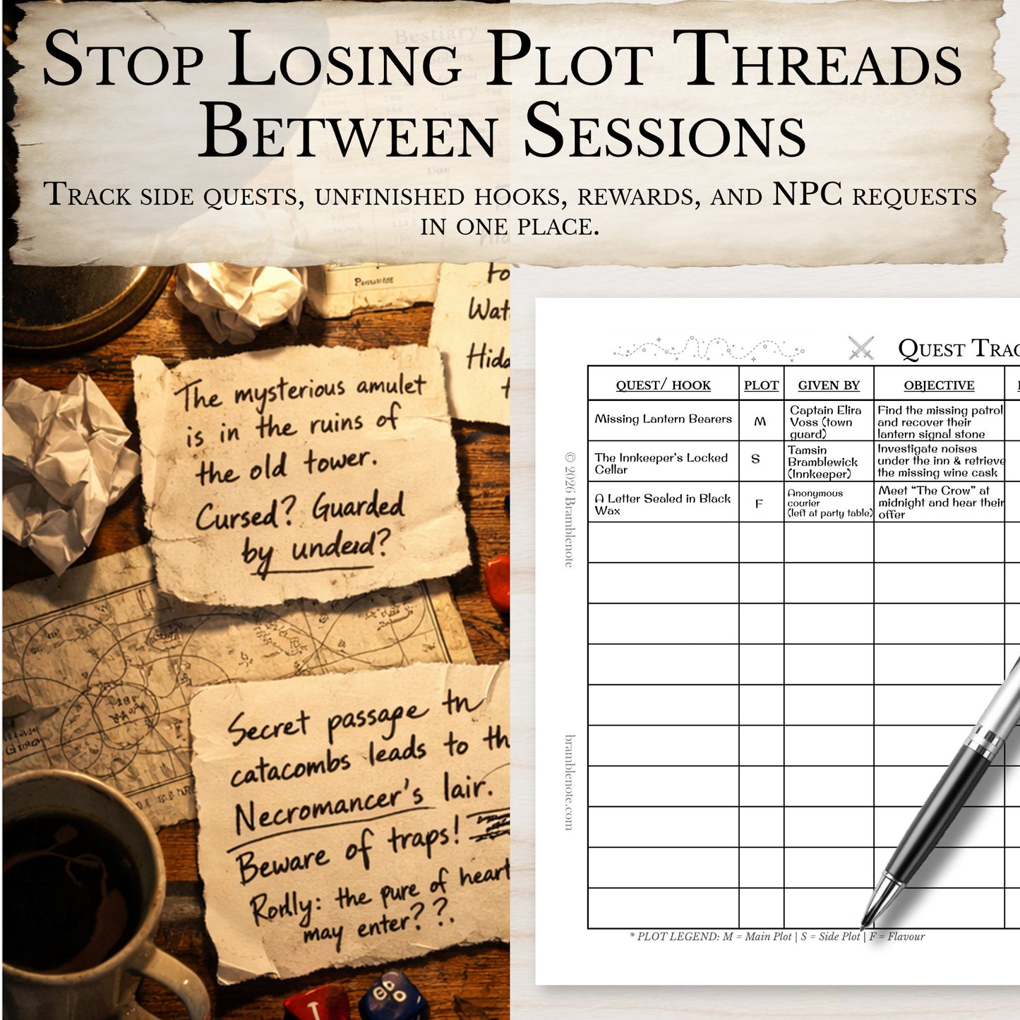 DM quest log printable with notes page for tracking plot threads