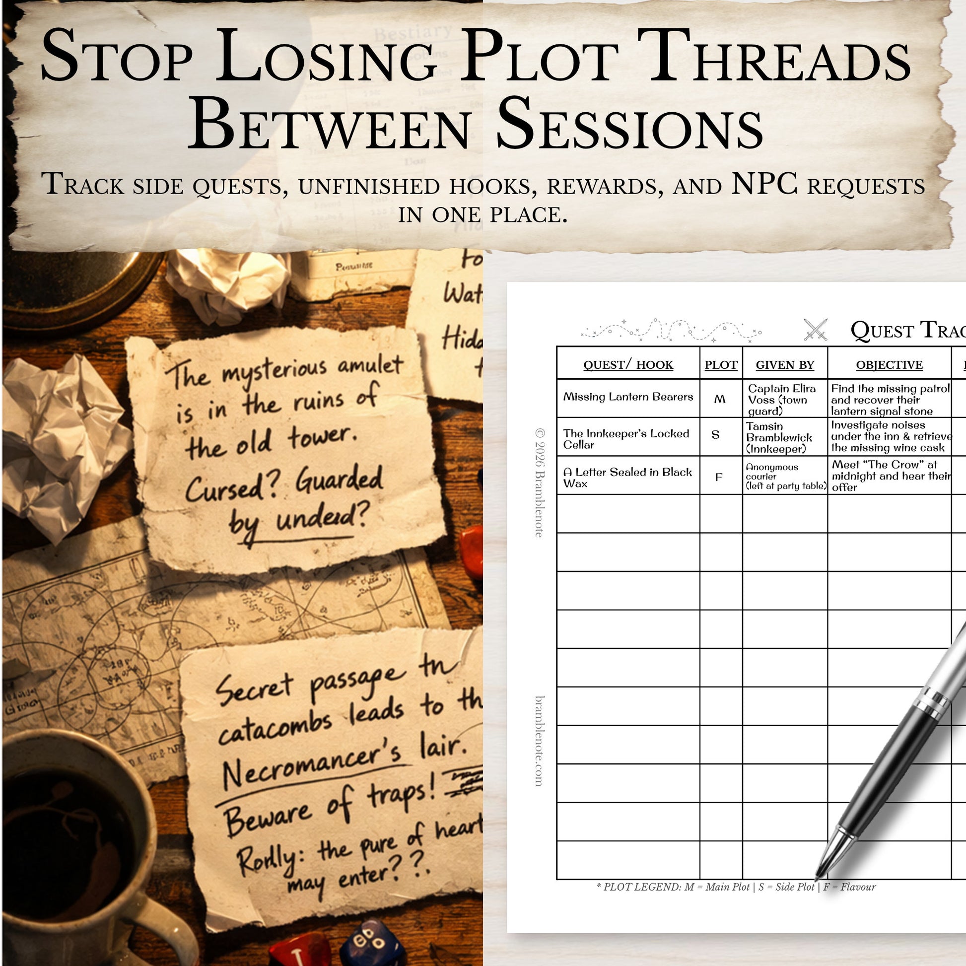 DM quest log printable with notes page for tracking plot threads