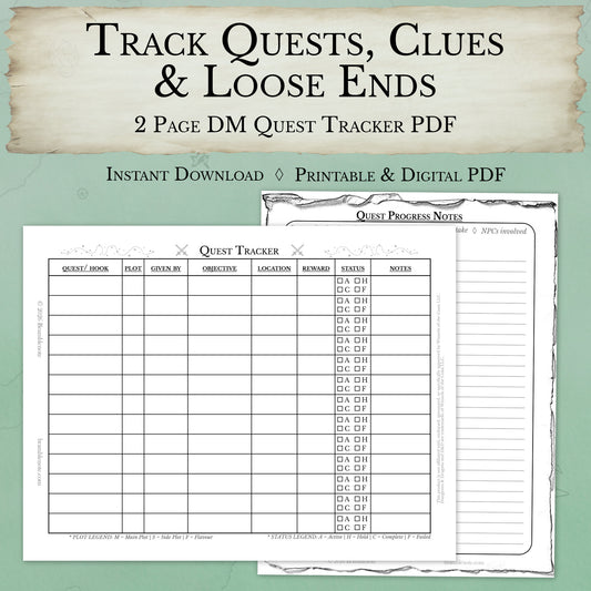 D&D quest tracker printable DM quest log sheet PDF instant download