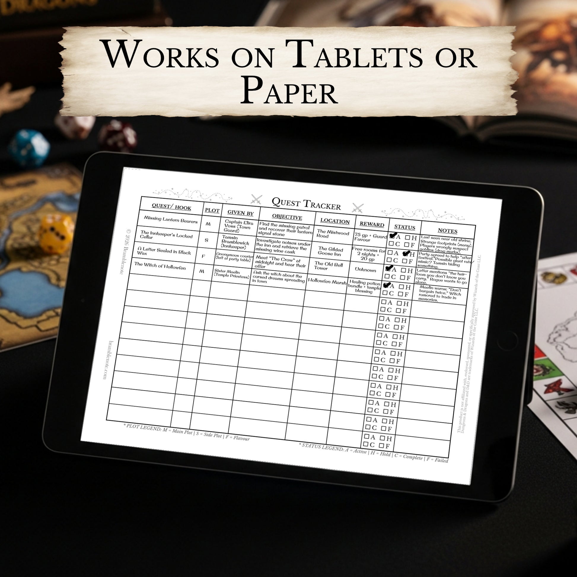 Tablet displaying a quest tracker on a table with gaming materials.