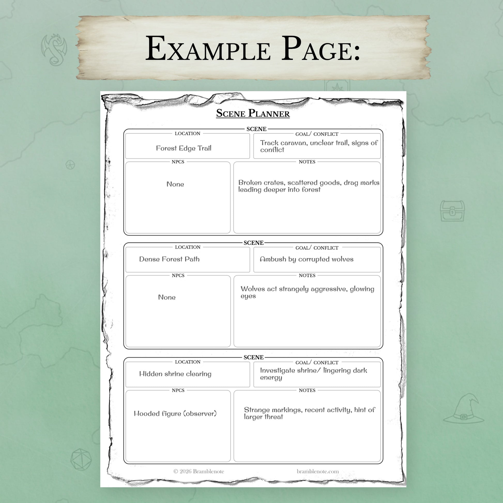 An example page from the DnD session planner template