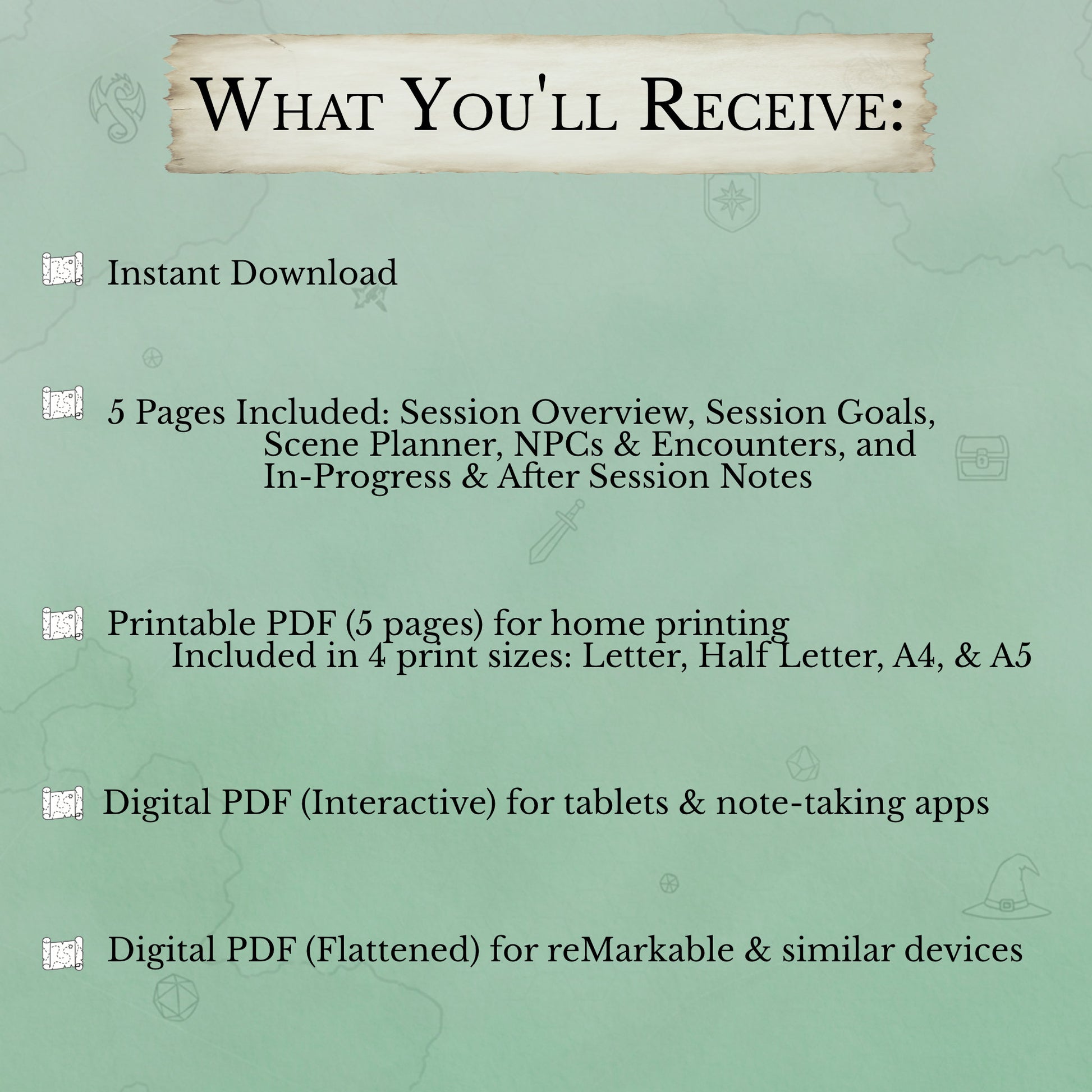Text detailing what is included in the Dungeon Master session planner pdf download on a green background with decorative elements.
