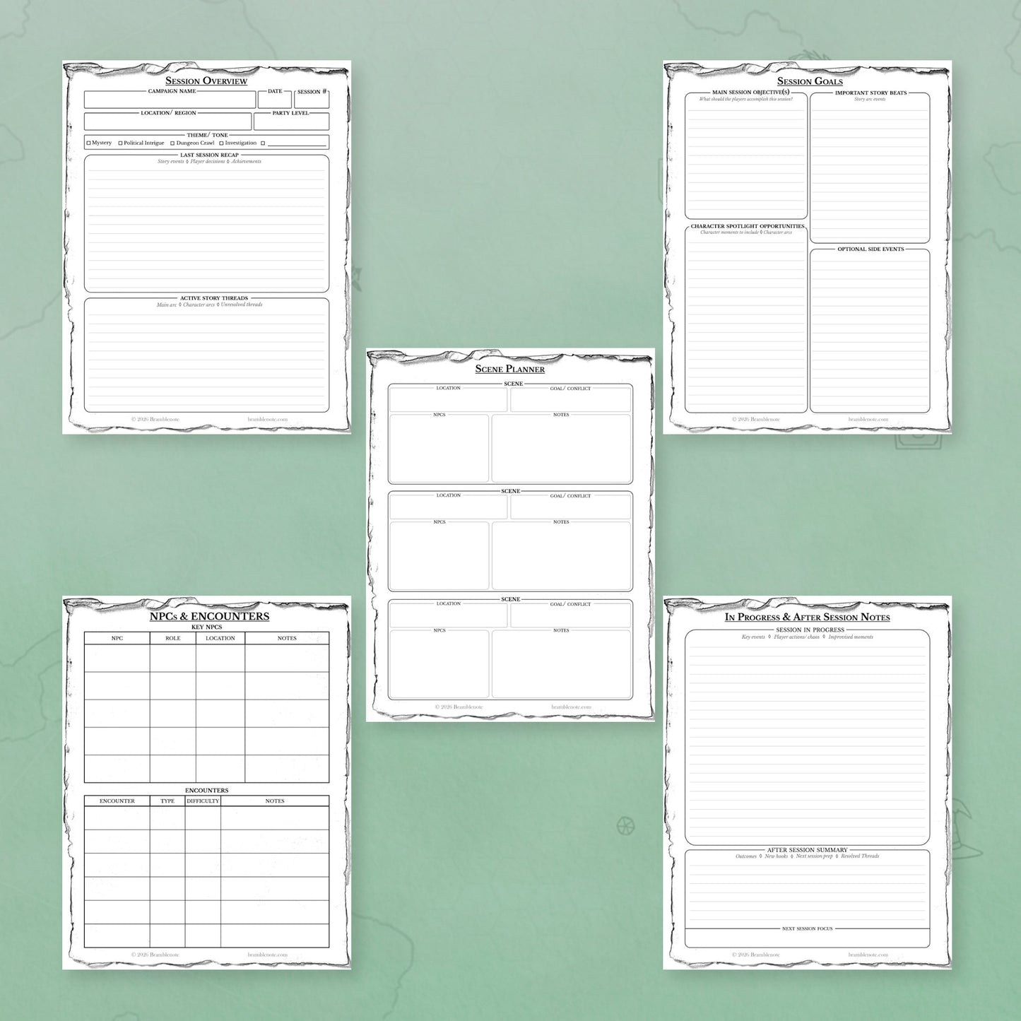 A picture showing all 5 of the included pages inside the D&D session planner pdf instant download