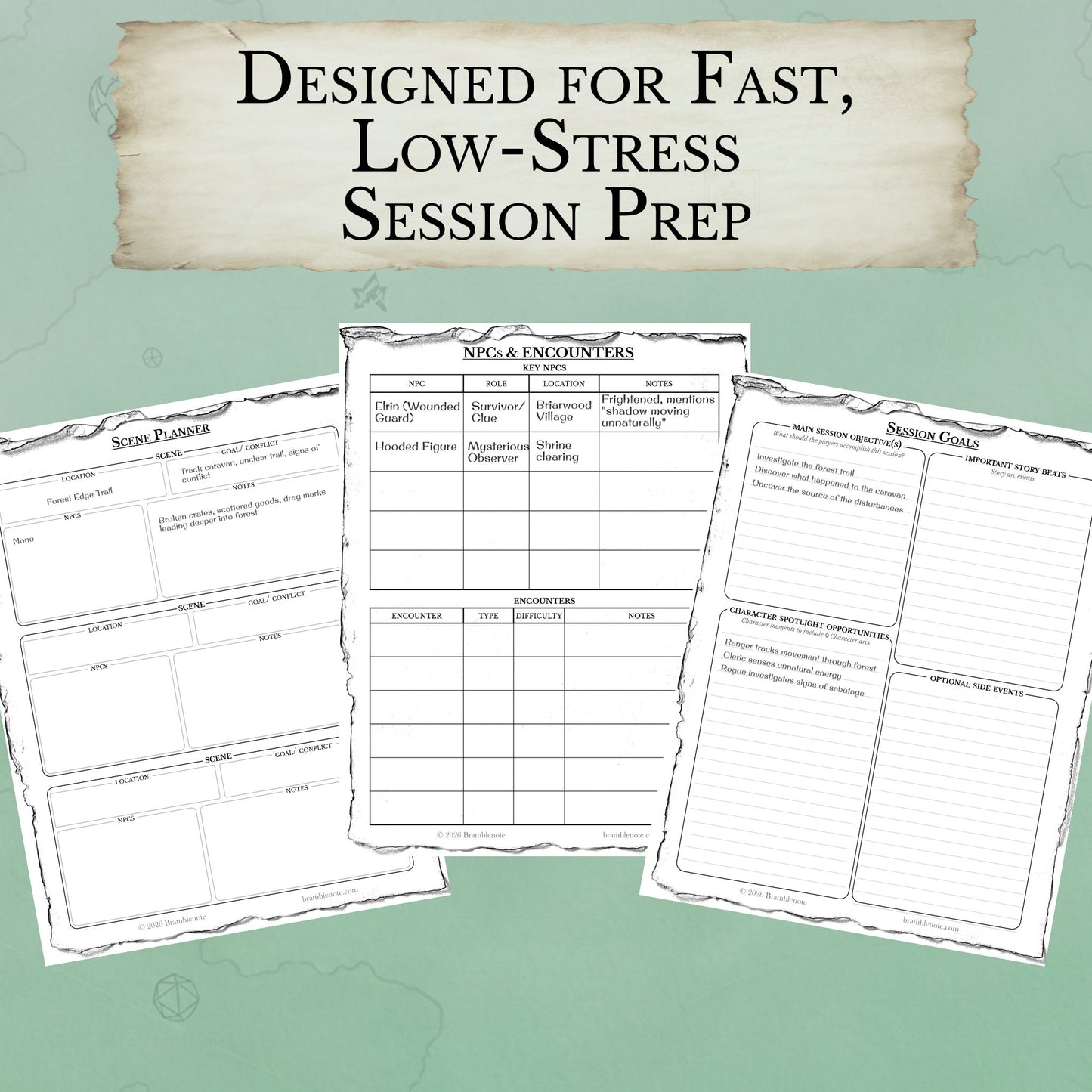 Three of the DnD Session Planner PDf prep sheets on a green background with text 'Designed for Fast, Low-Stress Session Prep'.