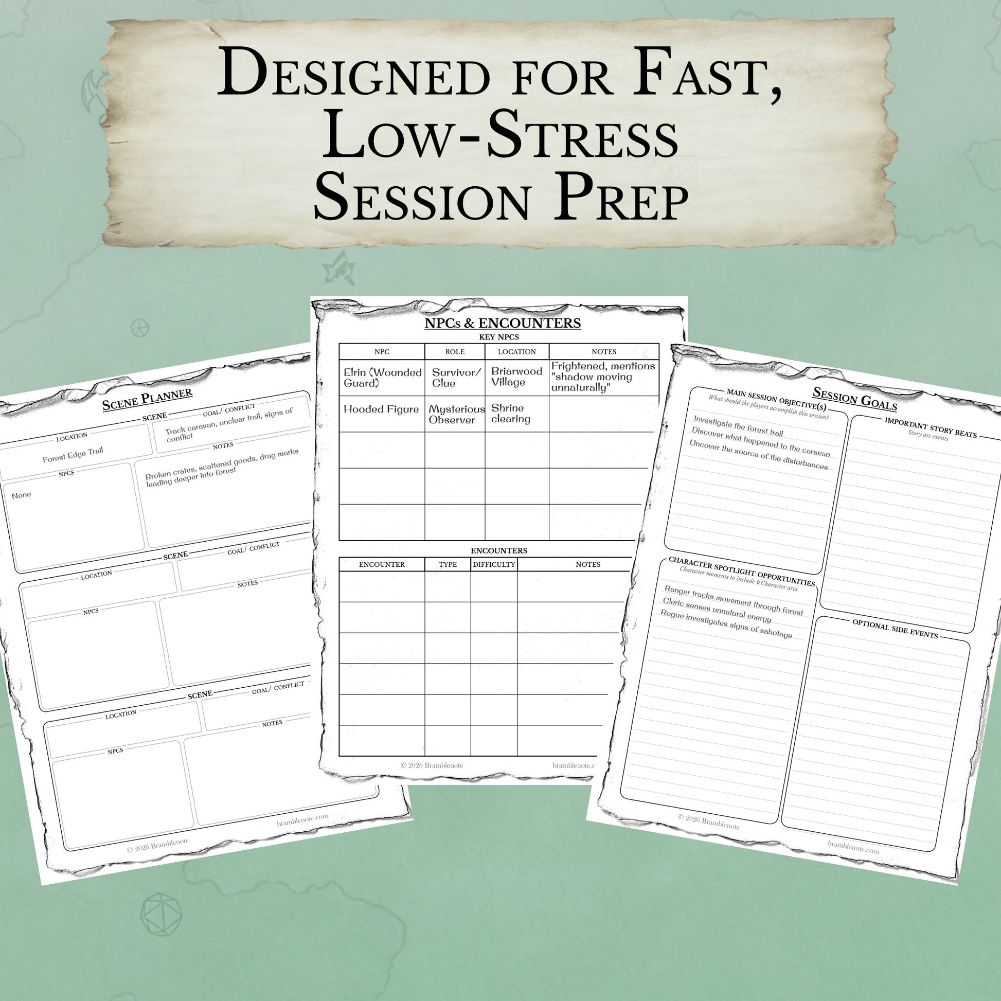 Three of the DnD Session Planner PDf prep sheets on a green background with text 'Designed for Fast, Low-Stress Session Prep'.