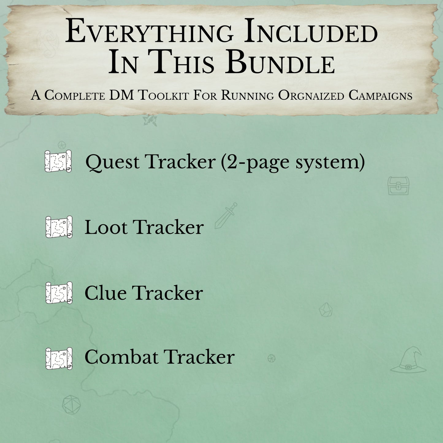 what’s included in D&D DM tracker bundle quest loot clue combat tracking sheets