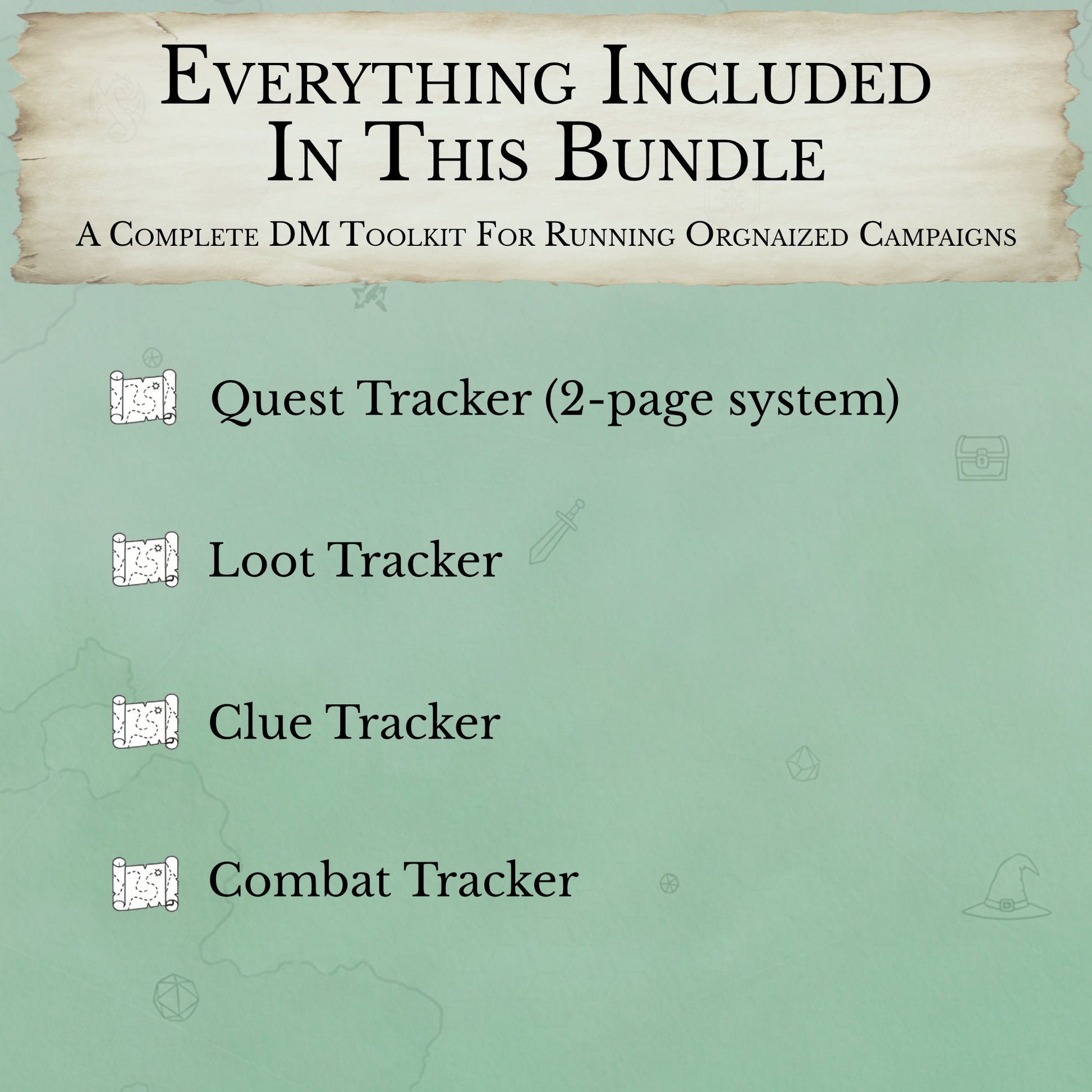 what’s included in D&D DM tracker bundle quest loot clue combat tracking sheets