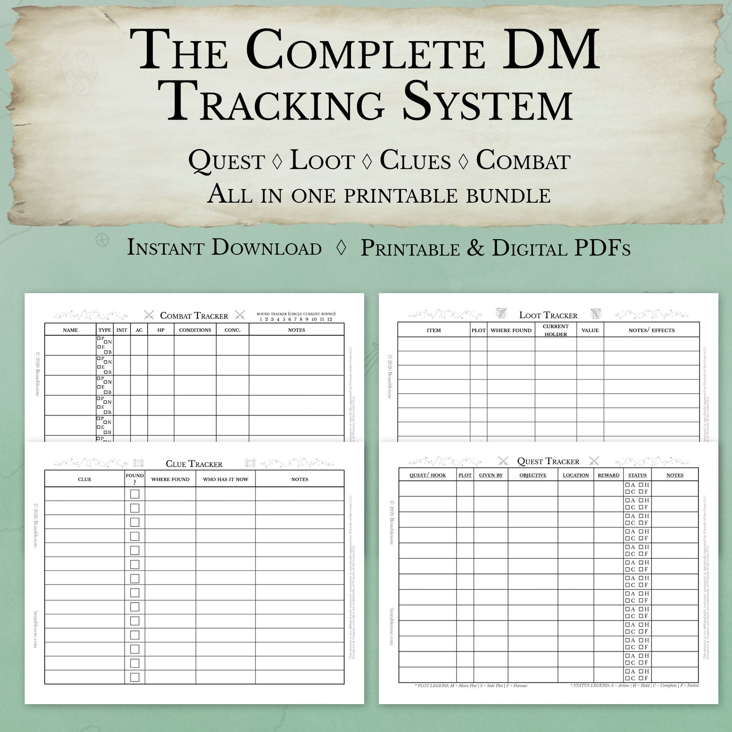 dungeon master toolkit bundle with quest tracker loot tracker clue tracker combat tracker