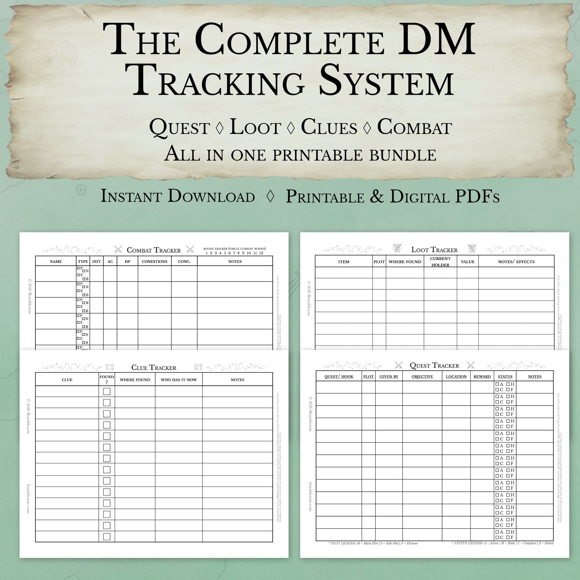 dungeon master toolkit bundle with quest tracker loot tracker clue tracker combat tracker