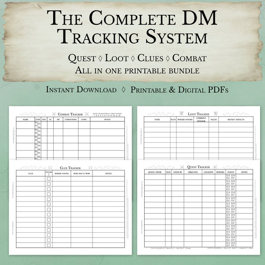 dungeon master toolkit bundle with quest tracker loot tracker clue tracker combat tracker