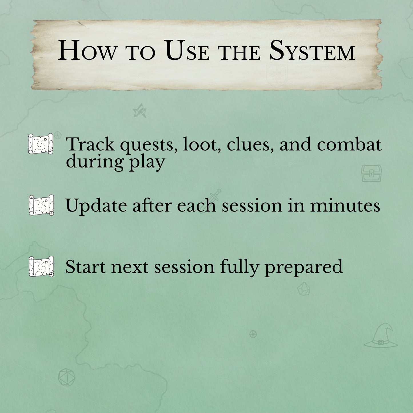 Instructions on how to use a system for tracking quests, loot, clues, and combat with a green background.