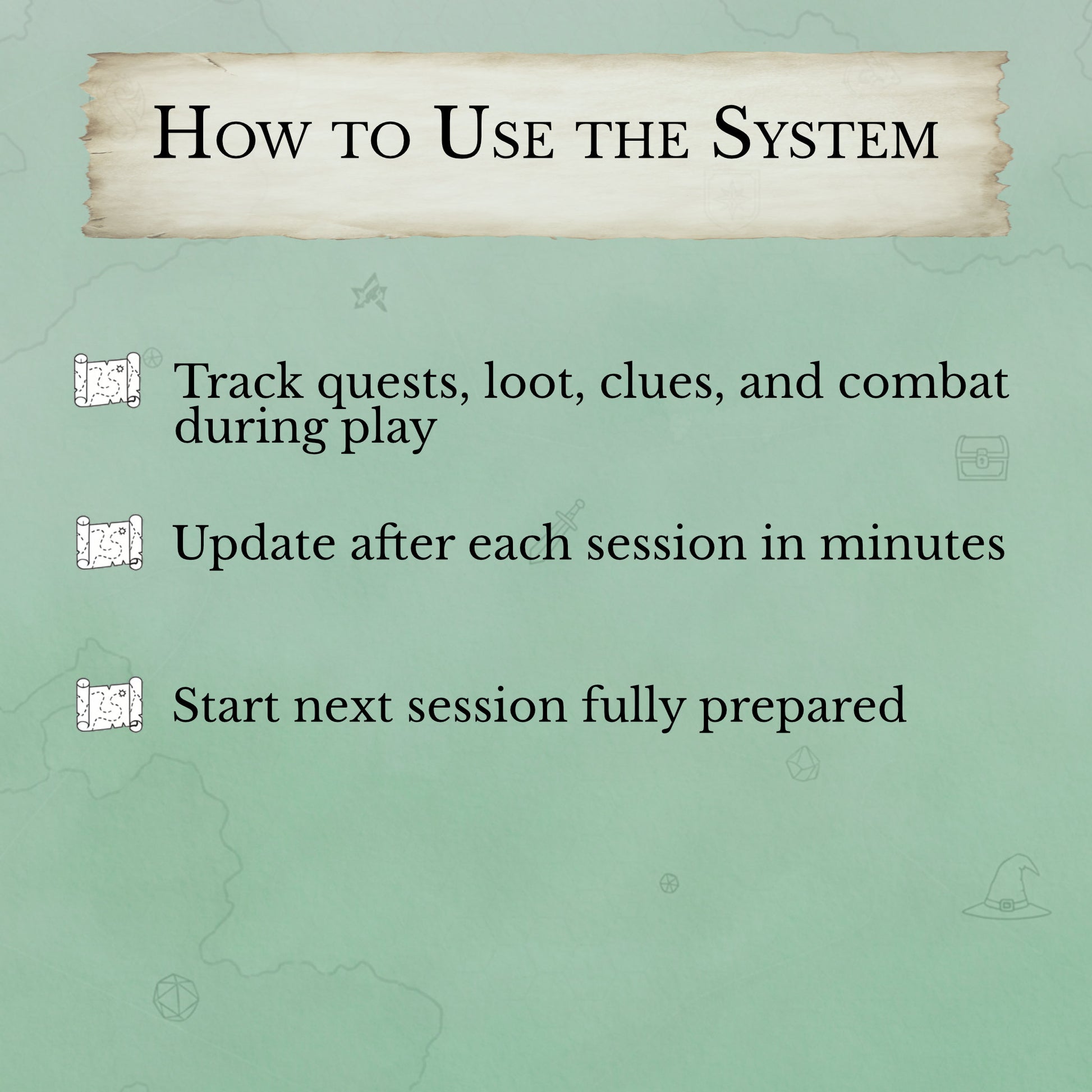 Instructions on how to use a system for tracking quests, loot, clues, and combat with a green background.