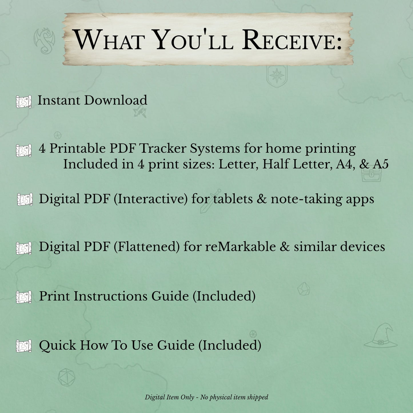 printable and digital PDF files included in D&D DM tracker bundle multiple sizes