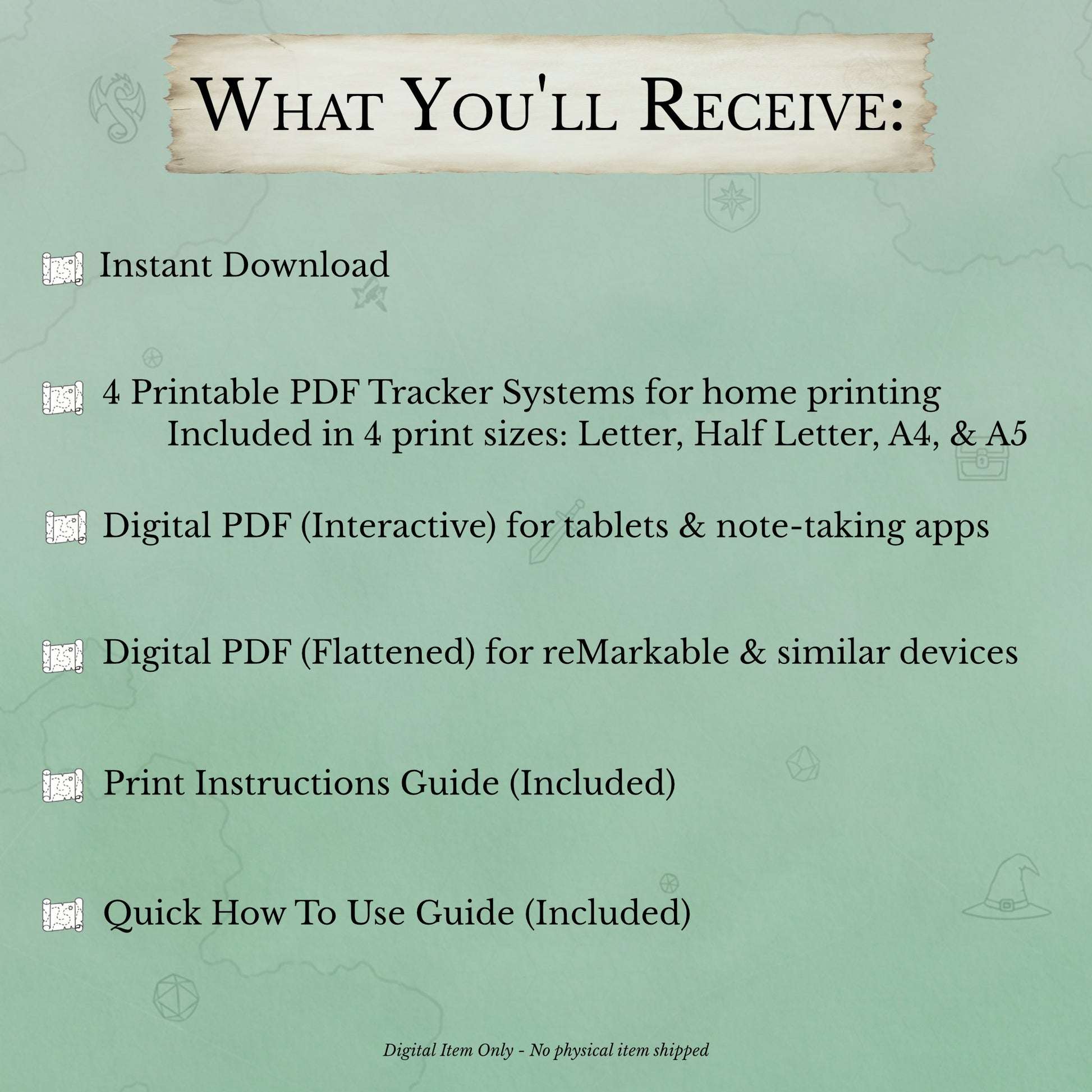 printable and digital PDF files included in D&D DM tracker bundle multiple sizes