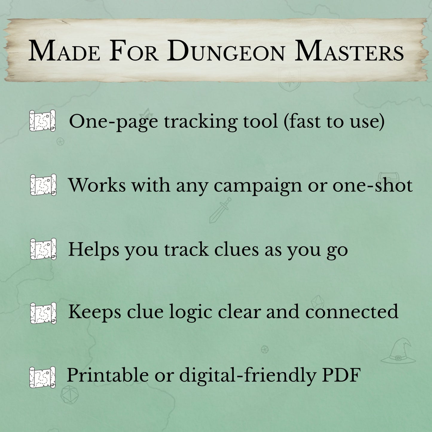 One-page D&D clue tracker sheet PDF printable investigation tracker for Dungeon Masters
