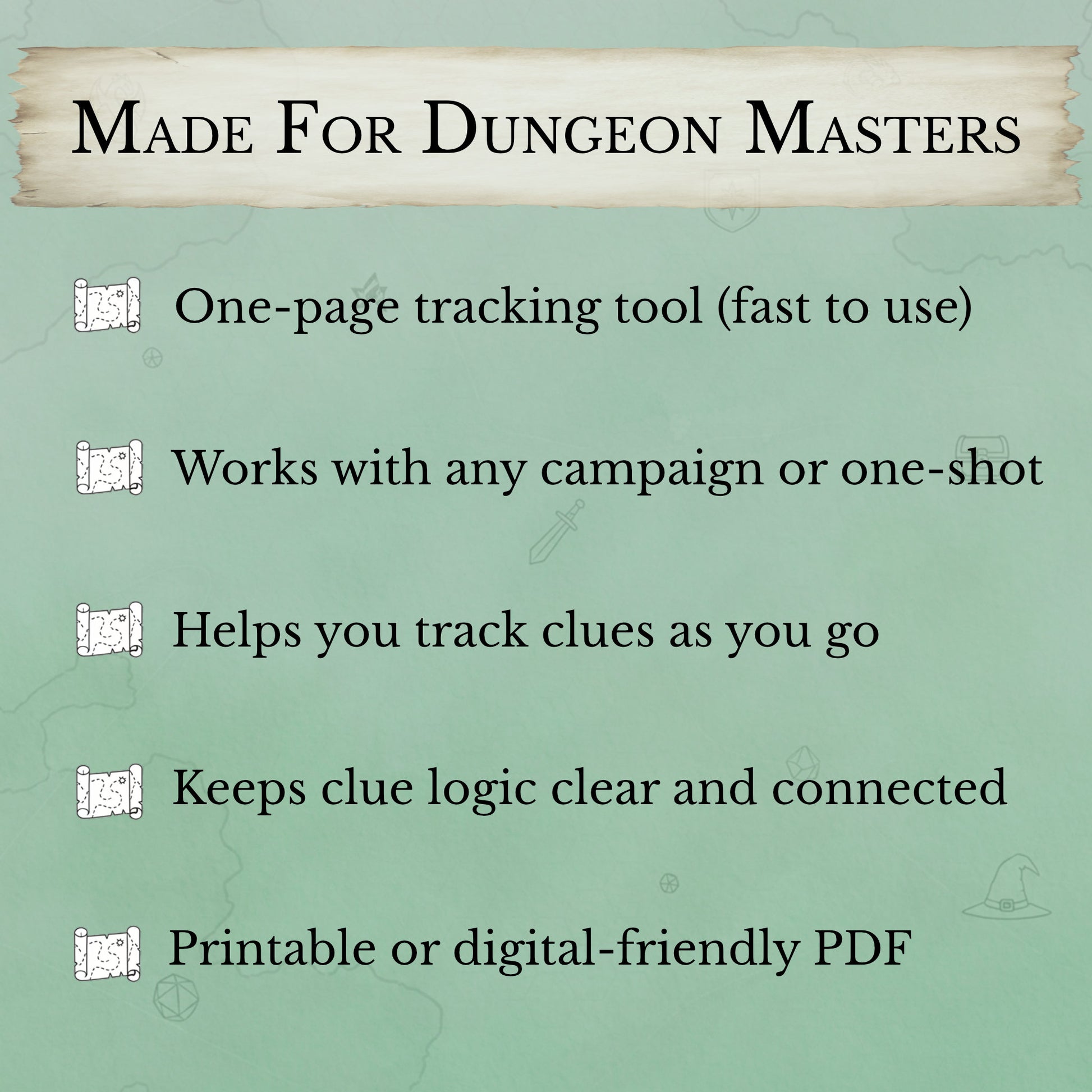 One-page D&D clue tracker sheet PDF printable investigation tracker for Dungeon Masters
