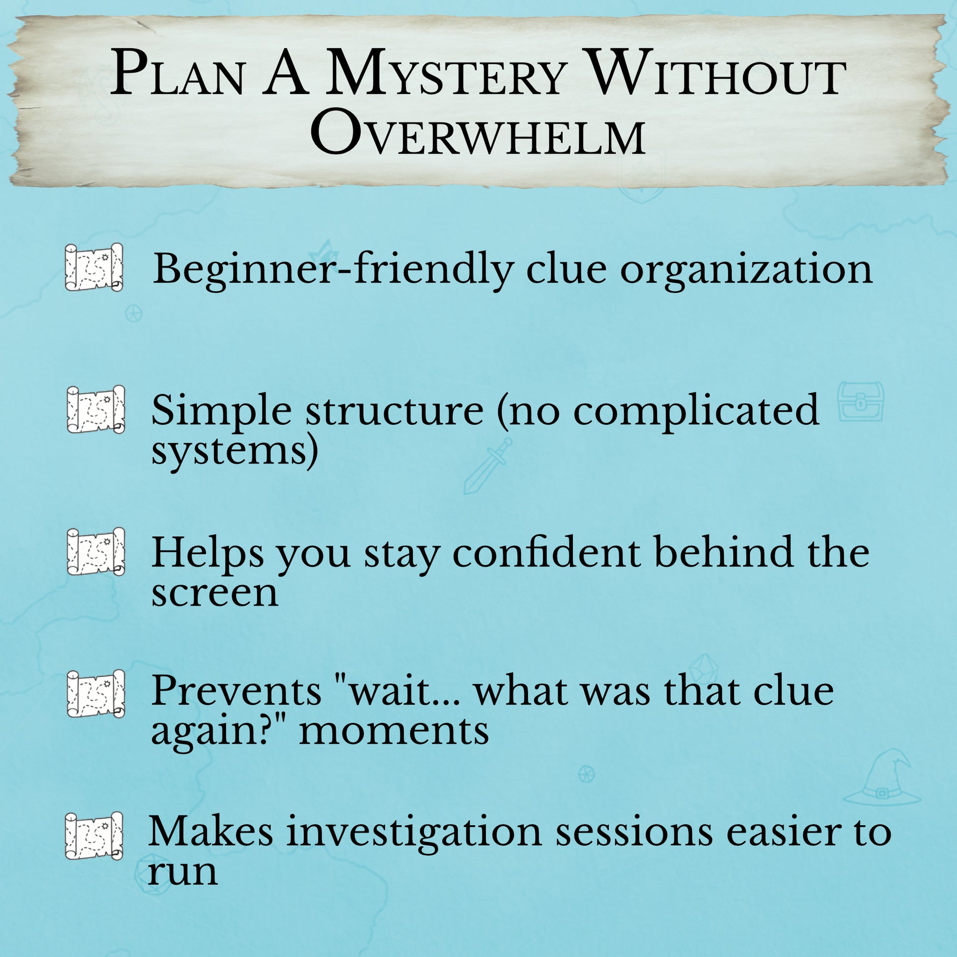Beginner-friendly D&D mystery planning tool for investigation sessions
