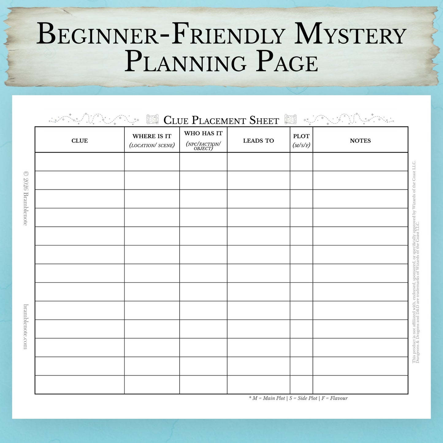 Beginner-friendly D&D mystery planning tool for investigation sessions, full page preview