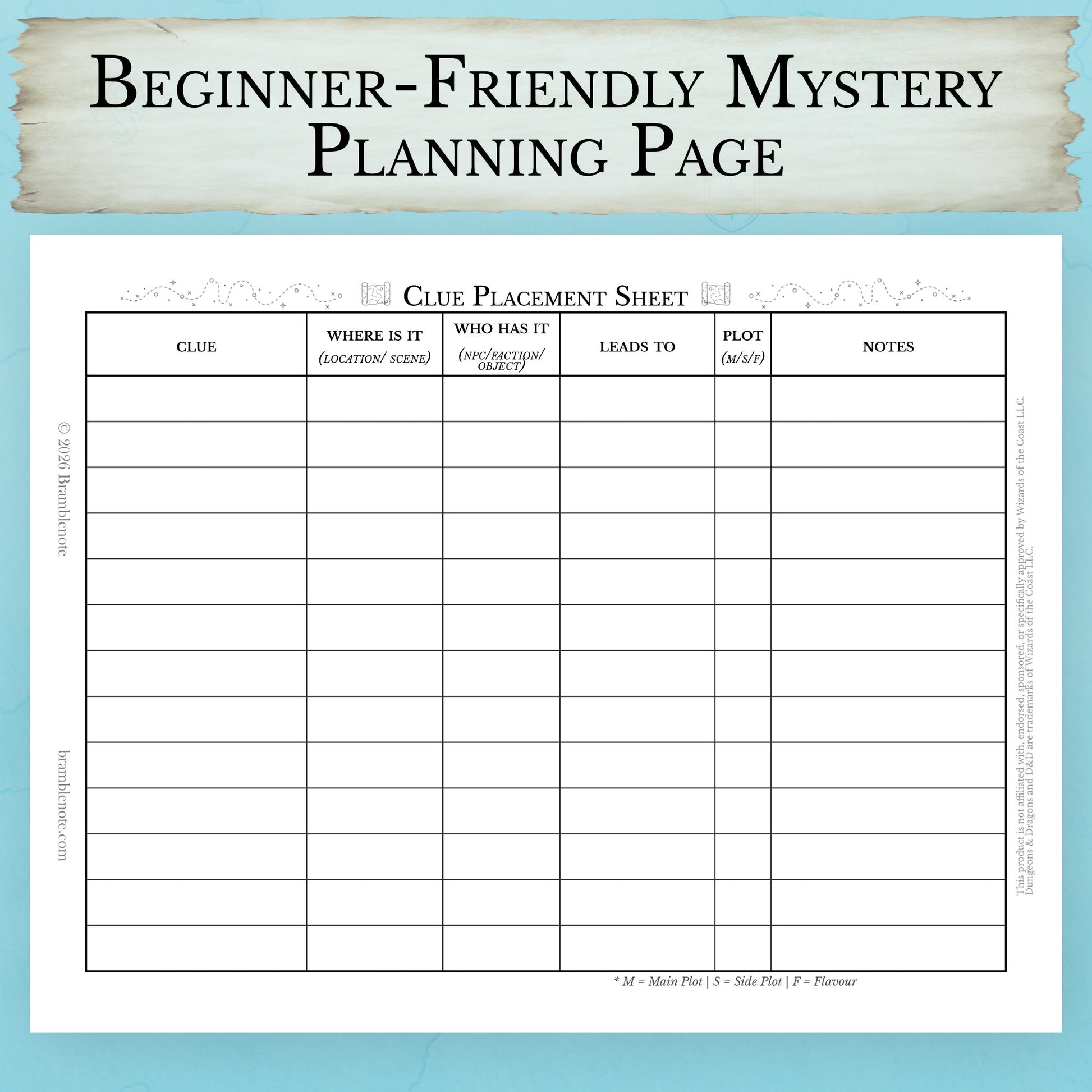 Beginner-friendly D&D mystery planning tool for investigation sessions, full page preview