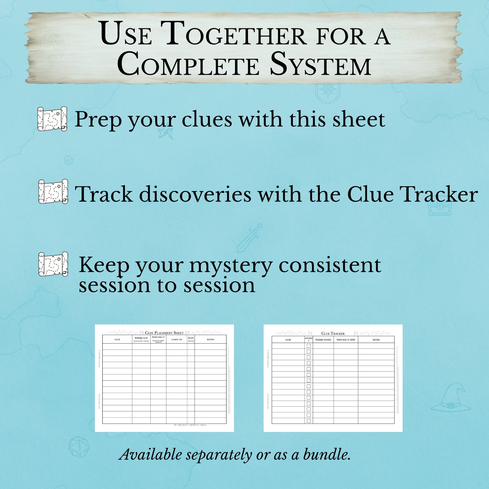 Printable clue prep template and clue tracker system for new DMs running D&D mystery quests
