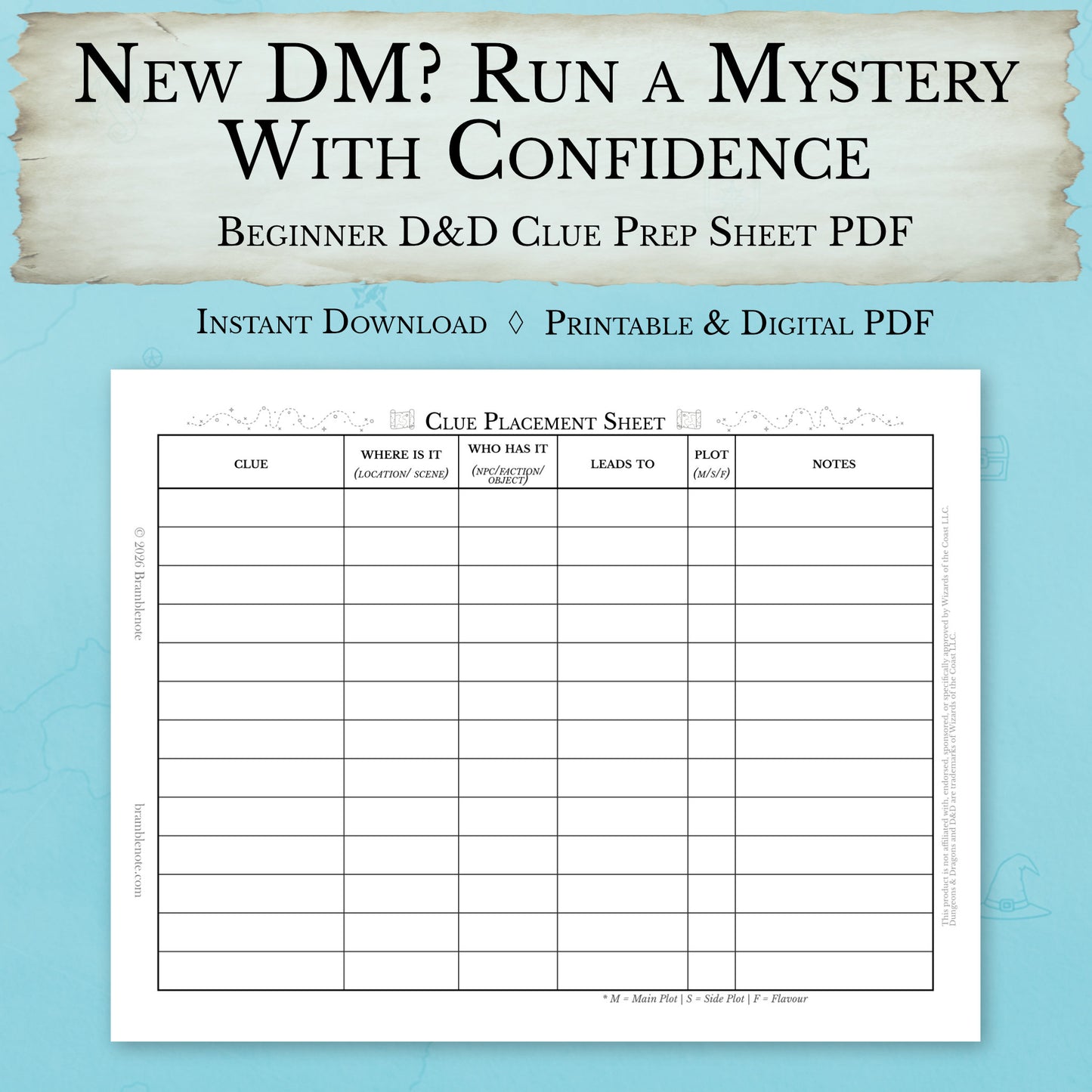 Beginner D&D clue prep sheet PDF for new Dungeon Masters planning mysteries