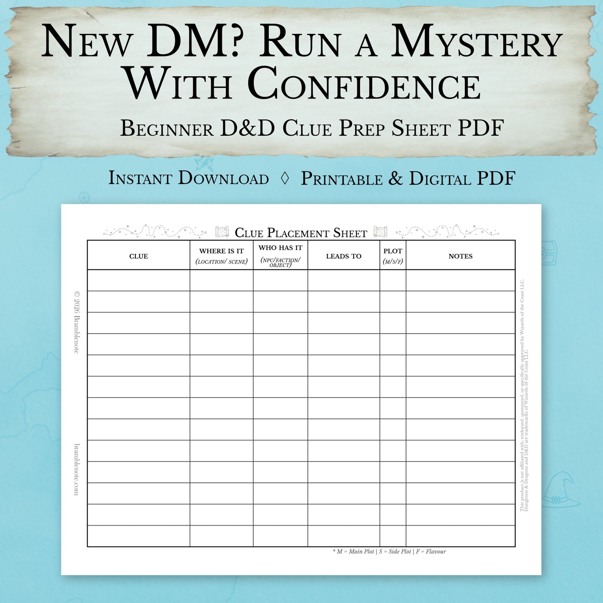 Beginner D&D clue prep sheet PDF for new Dungeon Masters planning mysteries
