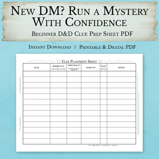 Beginner D&D clue prep sheet PDF for new Dungeon Masters planning mysteries