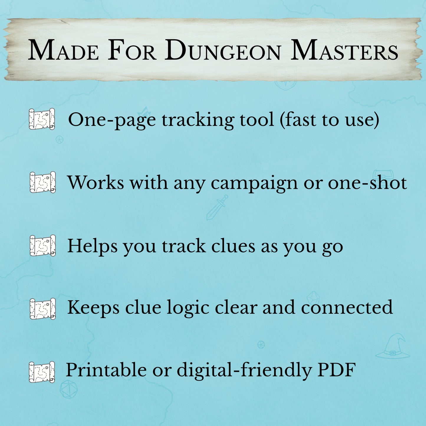 One-page clue tracking tool for dungeon masters on a blue background with text detailing its features.