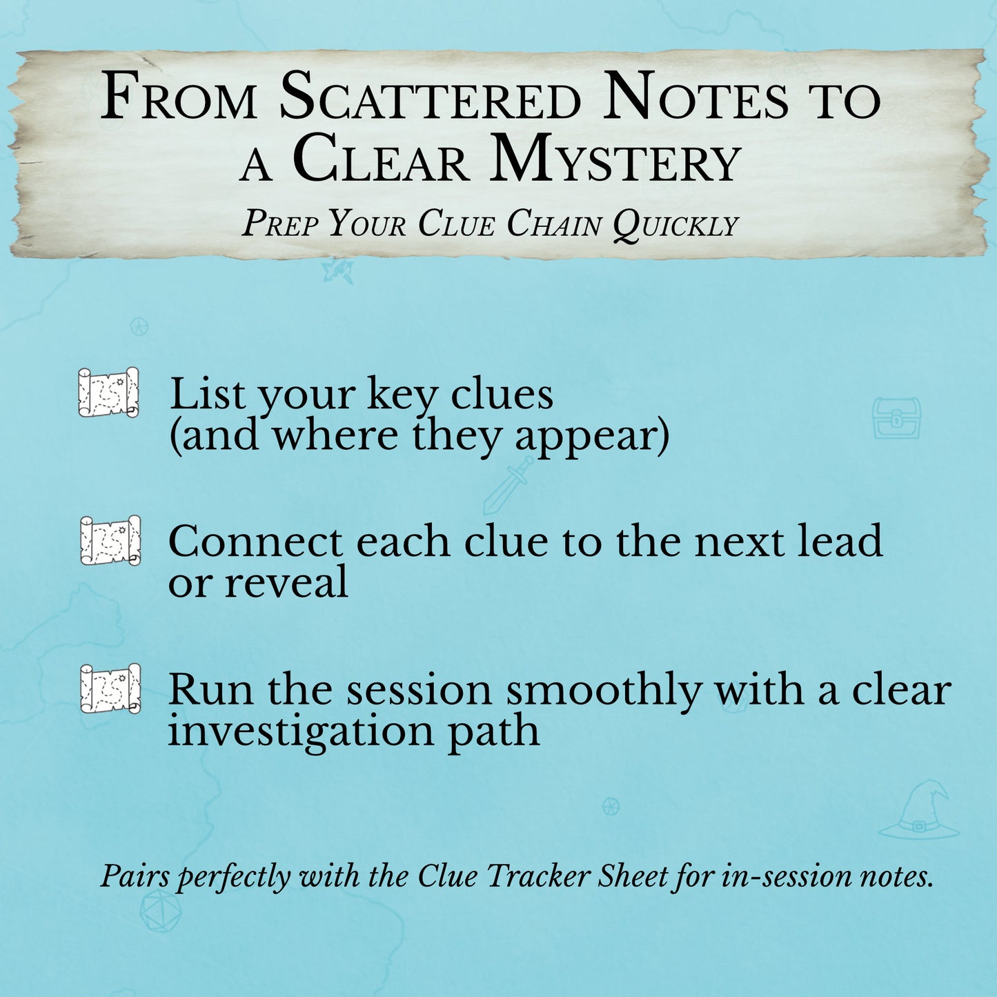 D&D clue prep sheet for beginners showing guided clue organization workflow