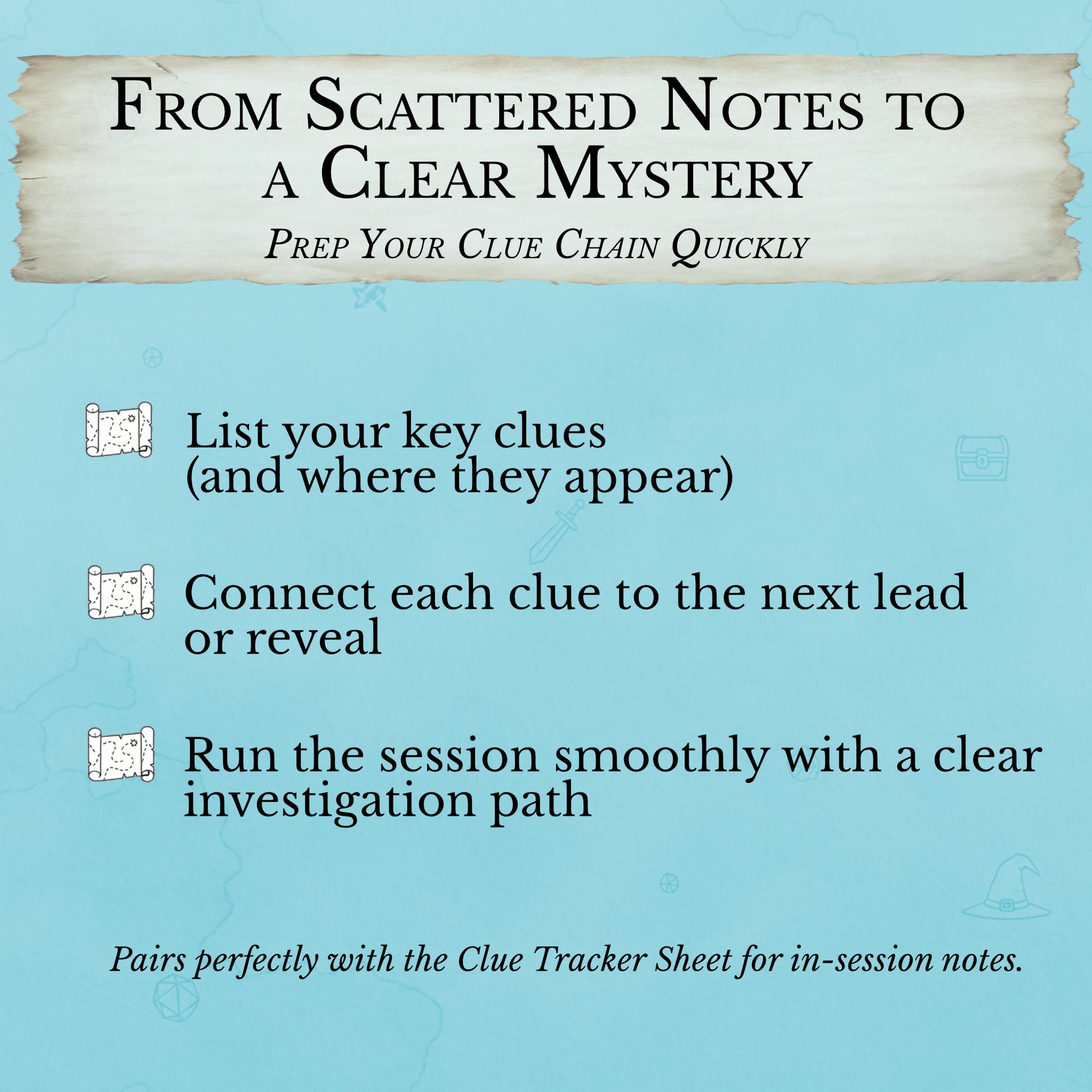 D&D clue prep sheet for beginners showing guided clue organization workflow