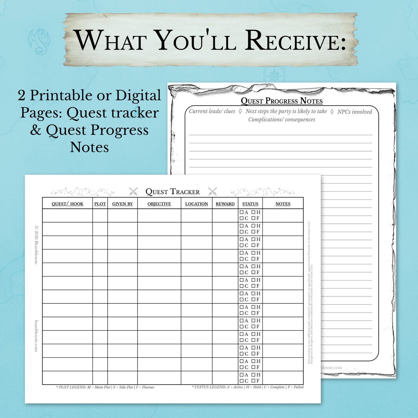 What you'll receive when you purchase the D&D quest tracker printable for first campaign DM prep and notes