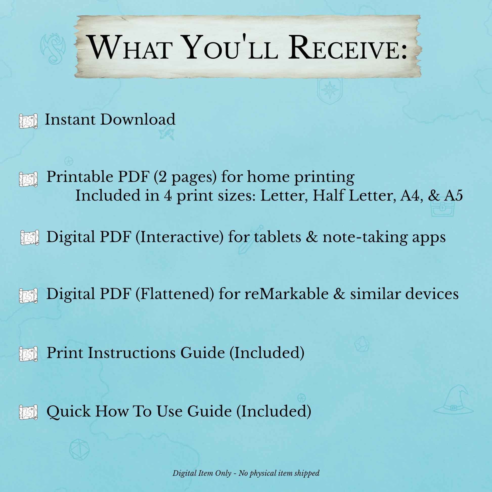 What you'll receive when you purchase the D&D quest tracker printable for first campaign DM prep and notes
