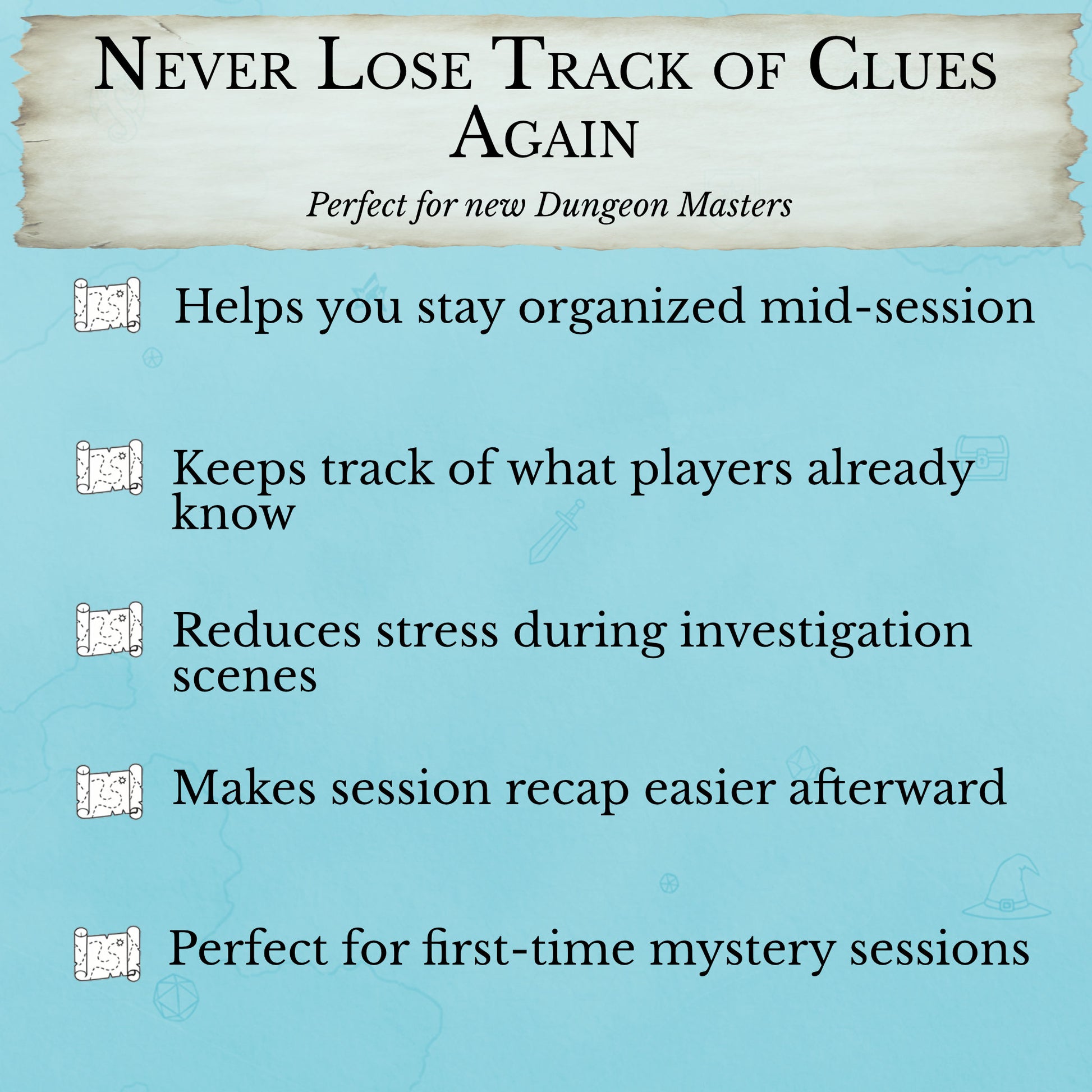 New DM investigation tracker printable for tracking clues during gameplay
