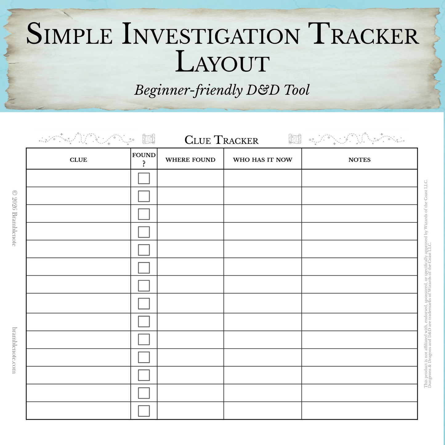 Simple investigation tracker layout for beginner-friendly D&D Clue Tracker tool with a blue border.