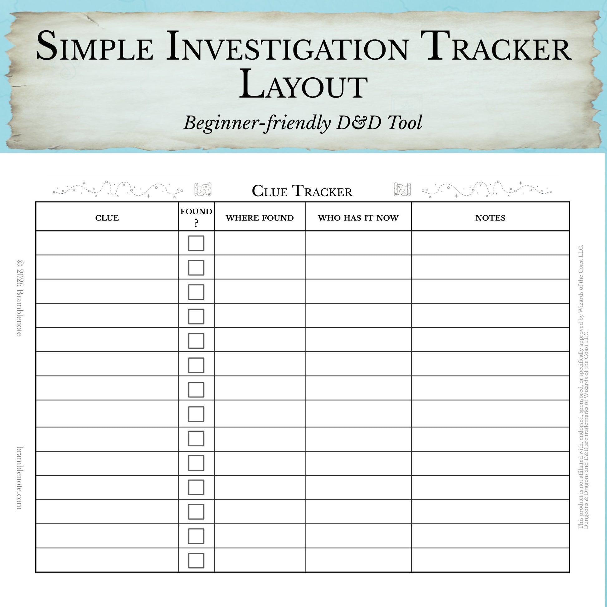 Simple investigation tracker layout for beginner-friendly D&D Clue Tracker tool with a blue border.