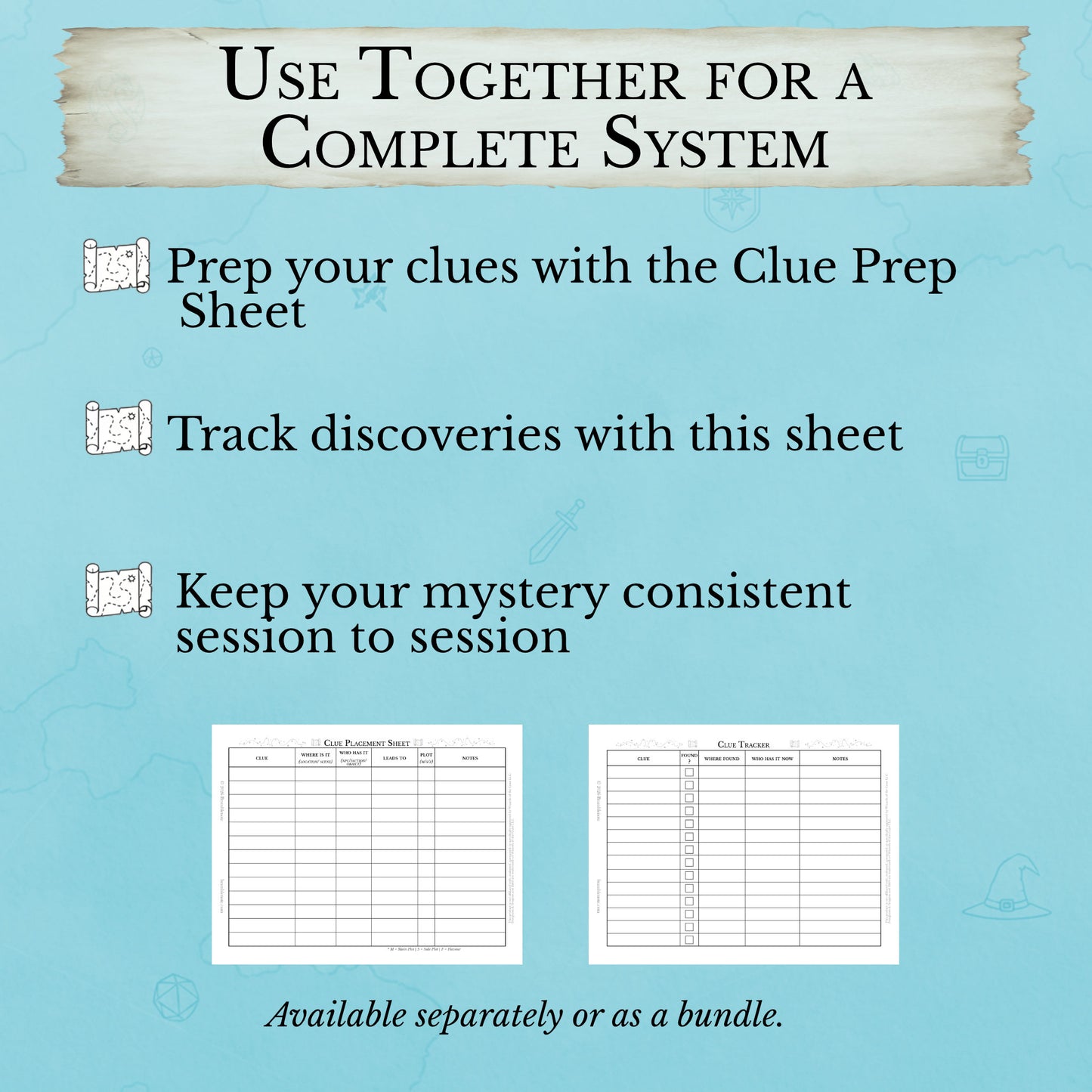 Promotional graphic for a D&D  clue preparation and Clue tracking sheet system with text on a blue background.