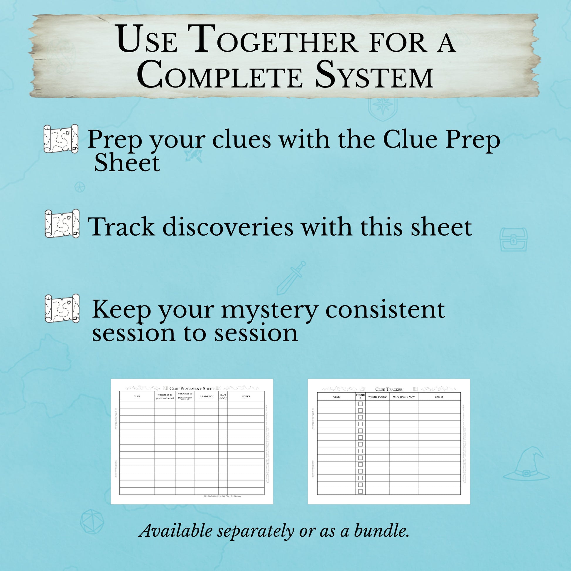 Promotional graphic for a D&D  clue preparation and Clue tracking sheet system with text on a blue background.