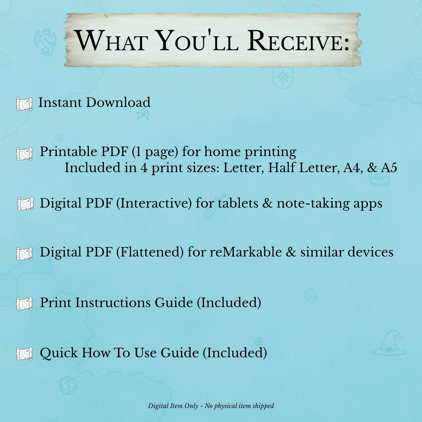 What you'll receive when you purchase the one-page beginner DM clue tracker PDF for D&D mystery adventures instant download
