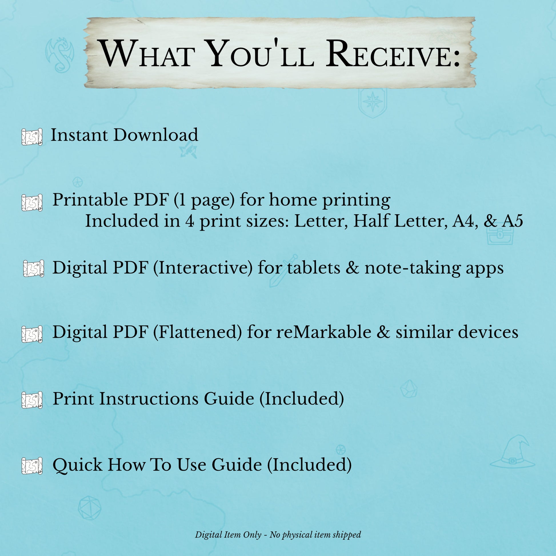 What you'll receive when you purchase the one-page beginner DM clue tracker PDF for D&D mystery adventures instant download
