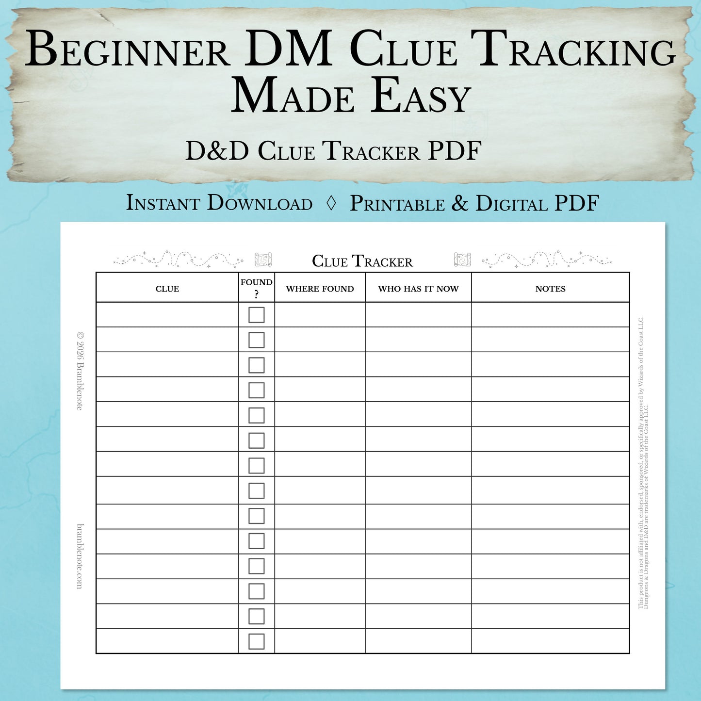 Beginner D&D clue tracker sheet PDF for new Dungeon Masters running mysteries
