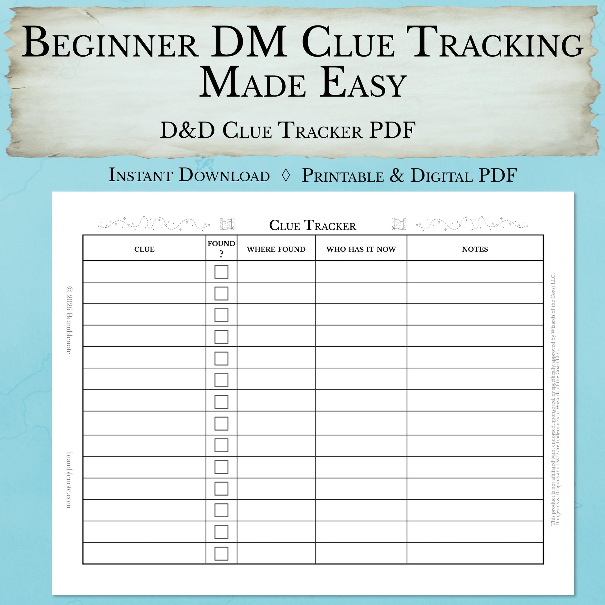 Beginner D&D clue tracker sheet PDF for new Dungeon Masters running mysteries
