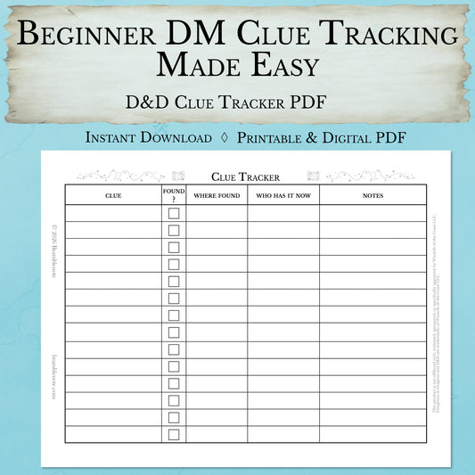 Beginner D&D clue tracker sheet PDF for new Dungeon Masters running mysteries

