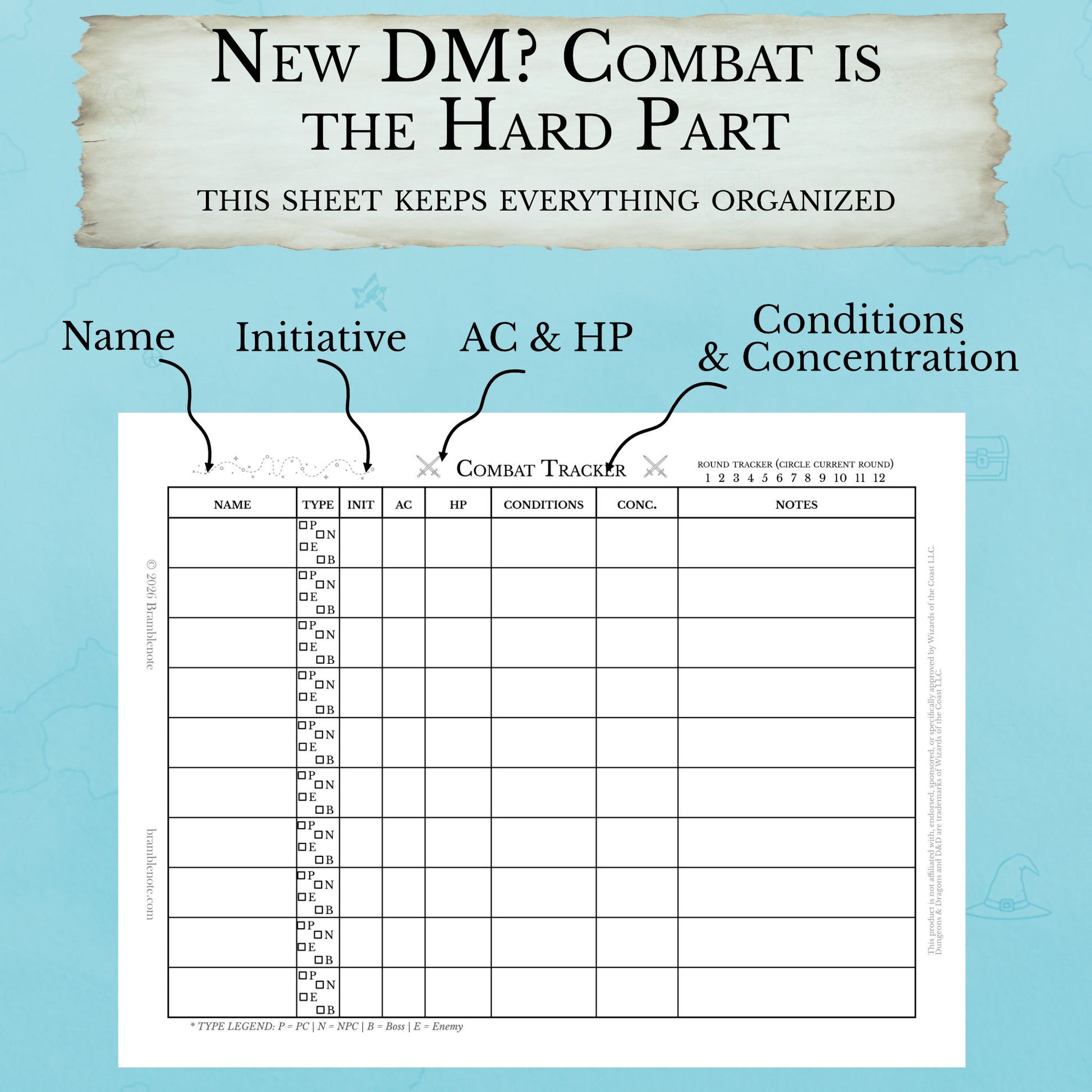 Beginner-friendly initiative tracker printable with a clean table layout for tracking combatants, AC, HP, and combat notes.