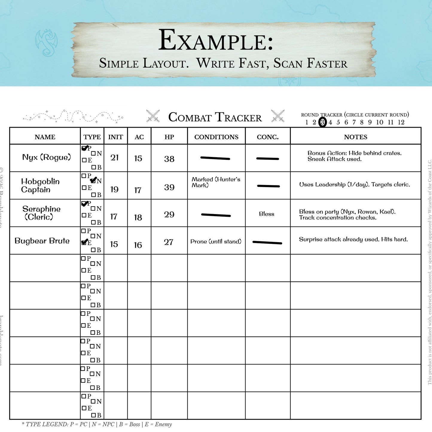 Filled in example of the combat tracker for beginner dungeon masters designed to reduce stress and keep D&D combat organized during sessions.
